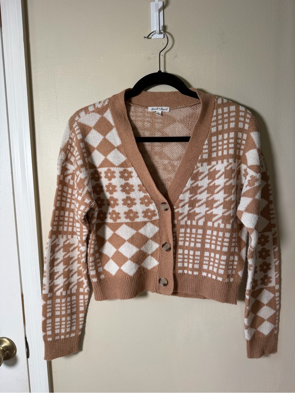 Derek Heart Patchwork Argyle Houndstooth Cropped Cardigan Small Preppy Y2K